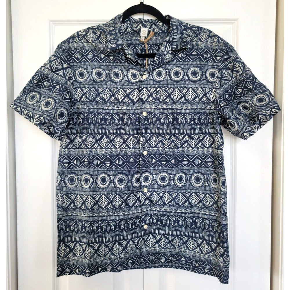 True Craft Men's Small Resort Vacation Hawaiian Cotton Button Down Shirt Blue